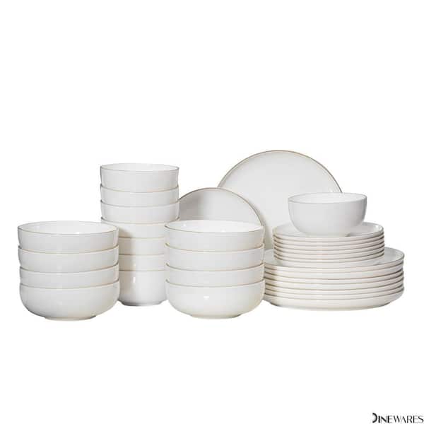 Perlaceo Collection of 32-Piece White with Gold Rim Bone China Dinnerware Set-Lightweight and Durable-Service for 8