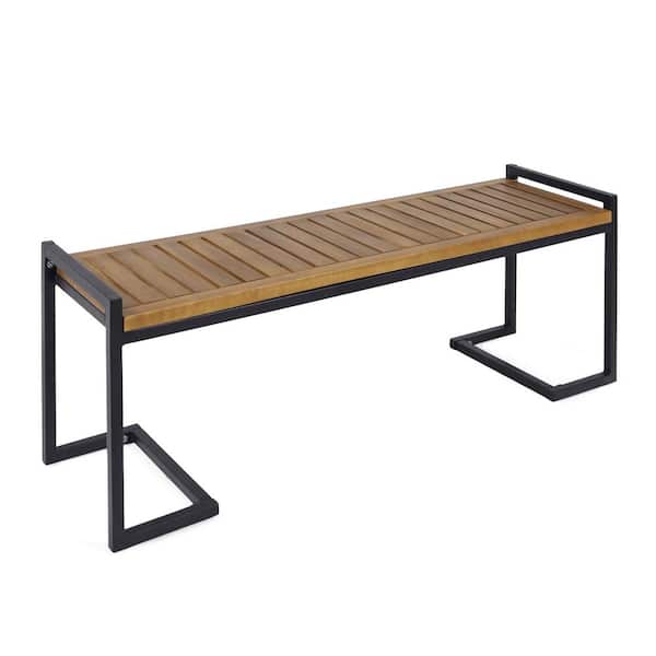 Industrial Acacia Wood and Metal Outdoor Ottoman Bench Teak