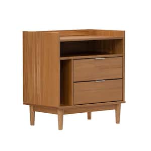 2-Drawer Caramel Solid Wood Mid-Century Modern Nightstand with Tray Top (25.5 in. H x 25 in. W x 16 in. D)