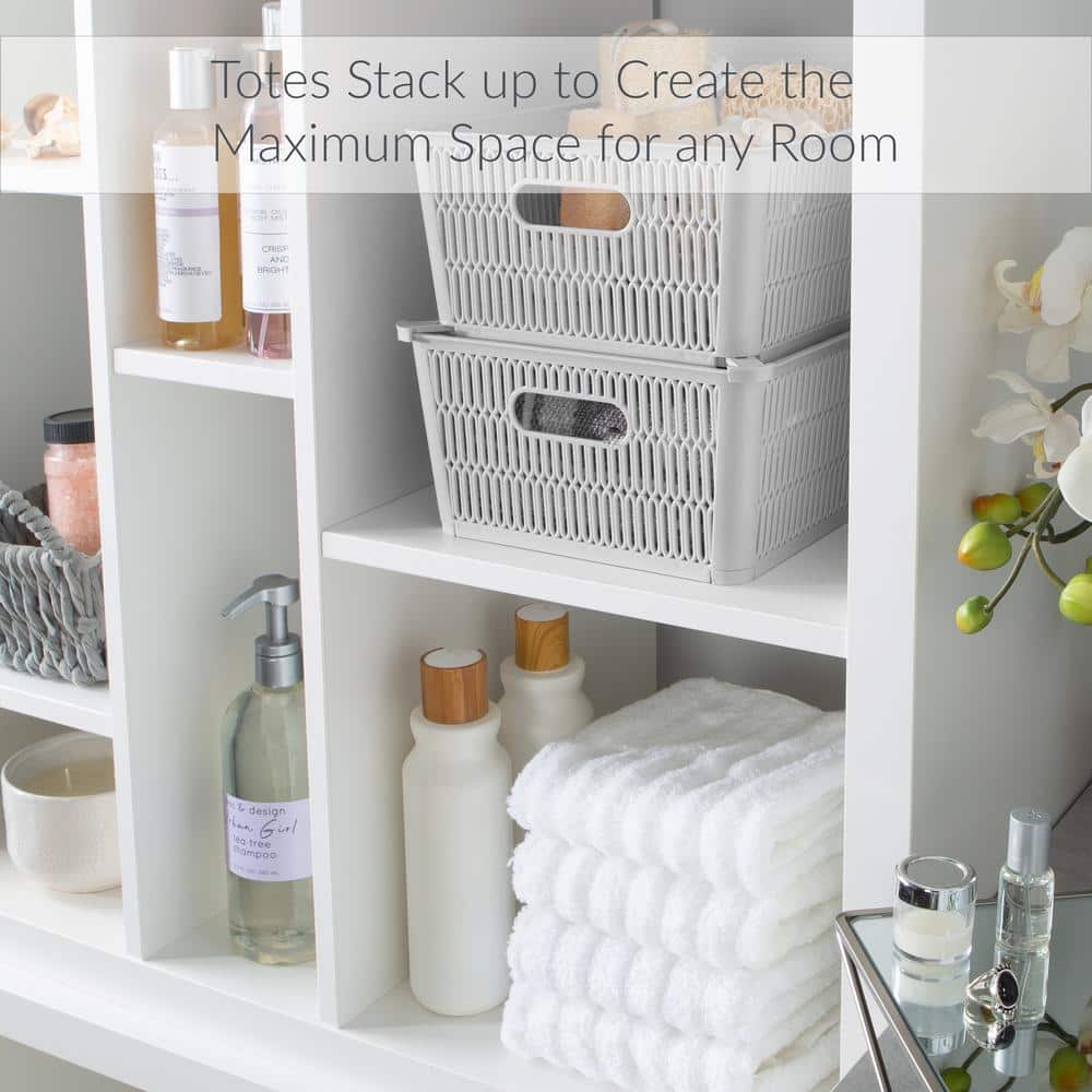 Simplify Slide 2 Stack Grey Plastic Storage Tote Baskets, 2-Pack
