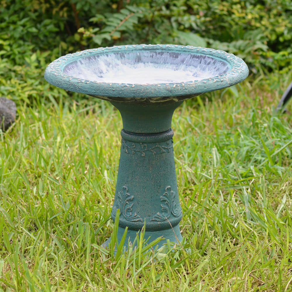 Green Fiberclay Ornate Floral Standing Birdbath