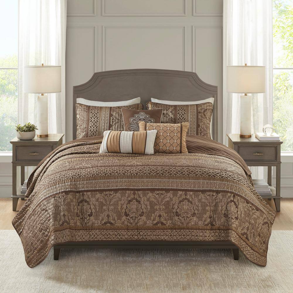 King Brown Microfiber Reversible Jacquard Quilt Set