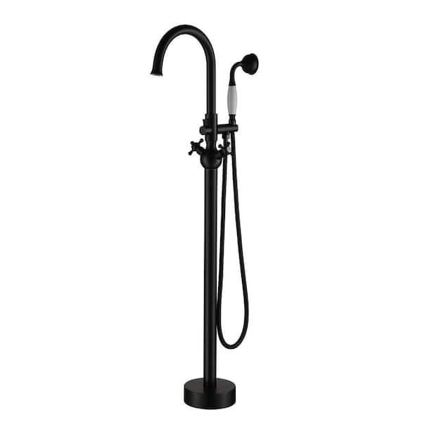 Classic Floor Mount 3-Handle Freestanding Tub Faucet with Hand Shower and Water Supply Hoses in Oil Rubbed Bronze