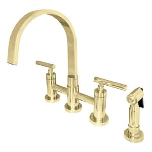 Manhattan 2-Handle Bridge Kitchen Faucet with Side Sprayer in Polished Brass