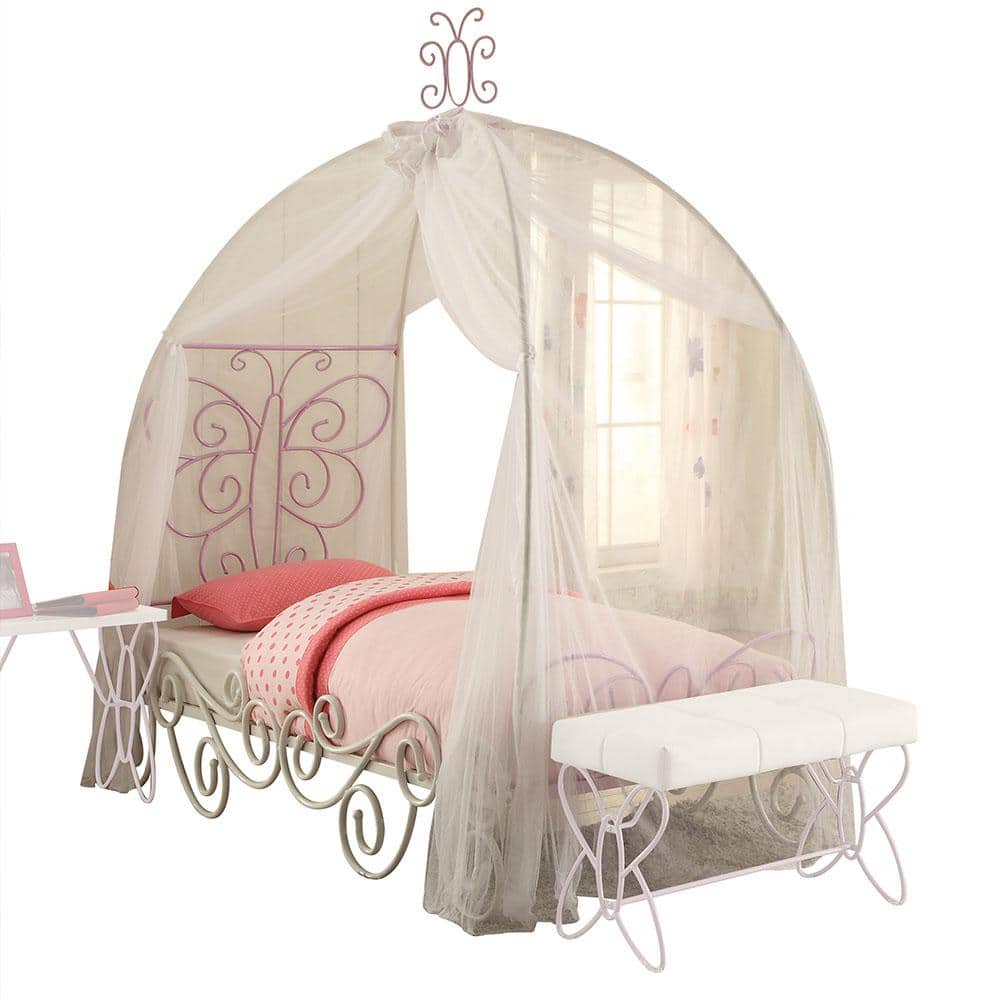 Priya II White and Light Purple Twin Canopy Bed with Butterfly Headboard
