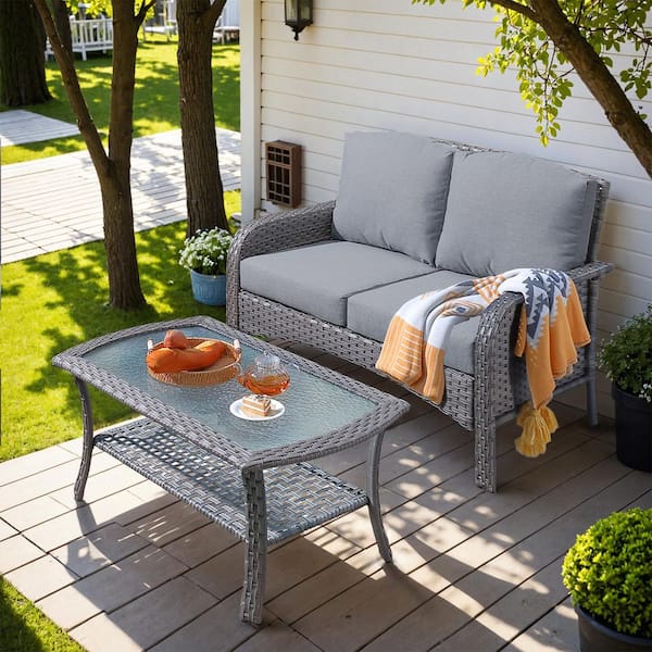 Hyacinth Gray 2-Piece Wicker Patio Outdoor Conversation Loveseat Set with a Coffee Table and Dark Gray Cushions