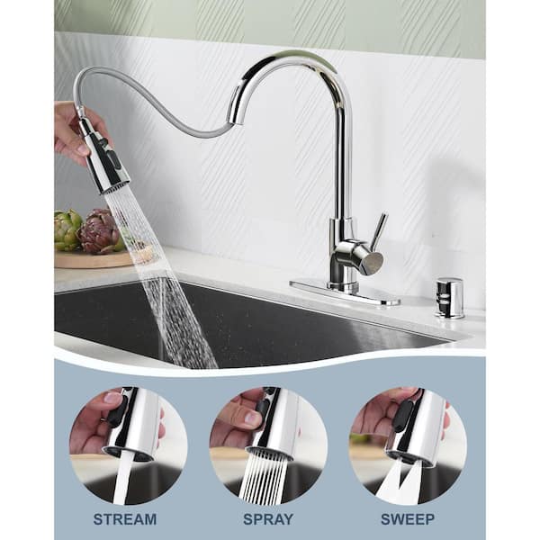 Stainless Steel Single Handle Pull Down Sprayer Kitchen Faucet with Air Gap Kits 2 or 4 Hole in Polished Chrome