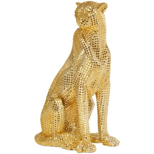 Gold Resin Sitting Leopard Sculpture with Diamond Facet Texture