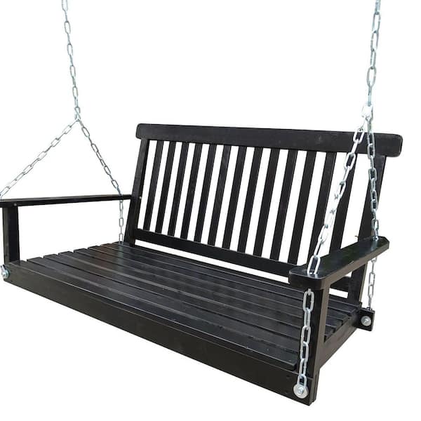 Front Porch Swing with Handrails, Wooden Bench Swing with Hanging Chains, Black
