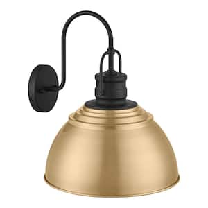 Shelston 15.5 in. 1-Light Black and Gold Outdoor Barn Light Wall Fixture with Metal Shade