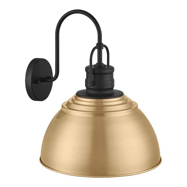 Home Decorators Collection Shelston 15.5 in. 1-Light Black and Gold Outdoor Barn Light Wall Fixture with Metal Shade