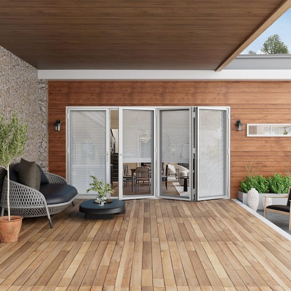 144 in. x 96 in. Right Swing/Outswing Double Tempered Glass White Louver Aluminum Folding Patio Door