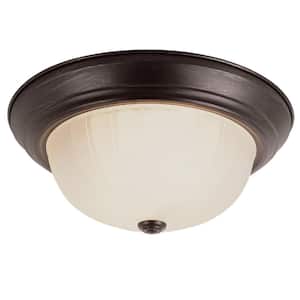 Breakwater 11 in. 2-Light CFL Oil Rubbed Bronze Flush Mount Ceiling Light Fixture with Frosted Glass Melon Shade