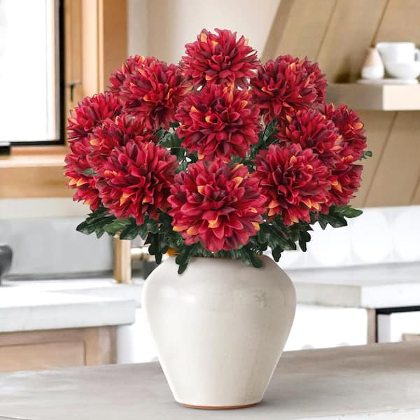 22 in. Red Burgundy Artificial Ball Mum Pom Pom Flower Stem Bush Bouquet (Set of 2)
