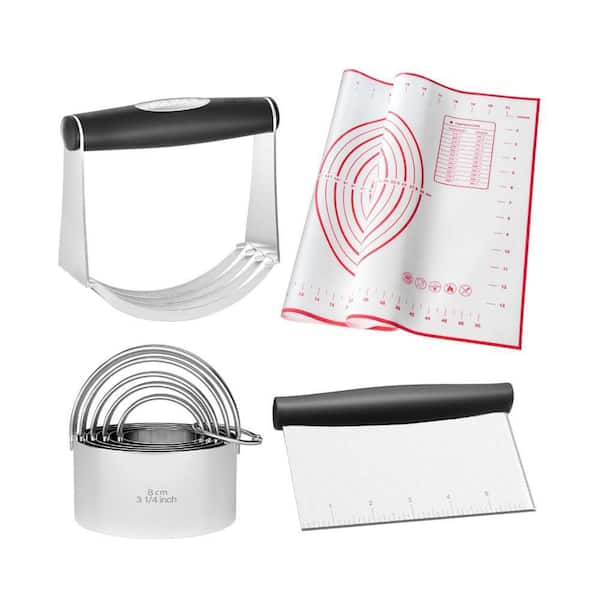 Stainless Steel Baking Set with Silicone Mat, Pastry Scraper, Dough Blender, and 5-Piece Biscuit Cutters (4-Piece Set)