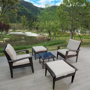 Brown 5-Piece Wicker Outdoor Patio Conversation Seating Set with Beige Cushions