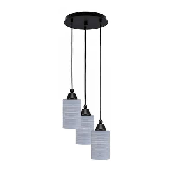 Savannah 9.75 in. 3-Light Matte Black Cord Pendant Light Gray Matrix Glass Shade
