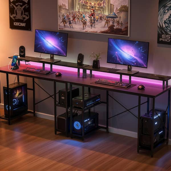 47 in. Gaming Desk with LED Lights and Power Outlets, Computer Desk with Monitor Stand and 2-Tier Storage Sheves, Black