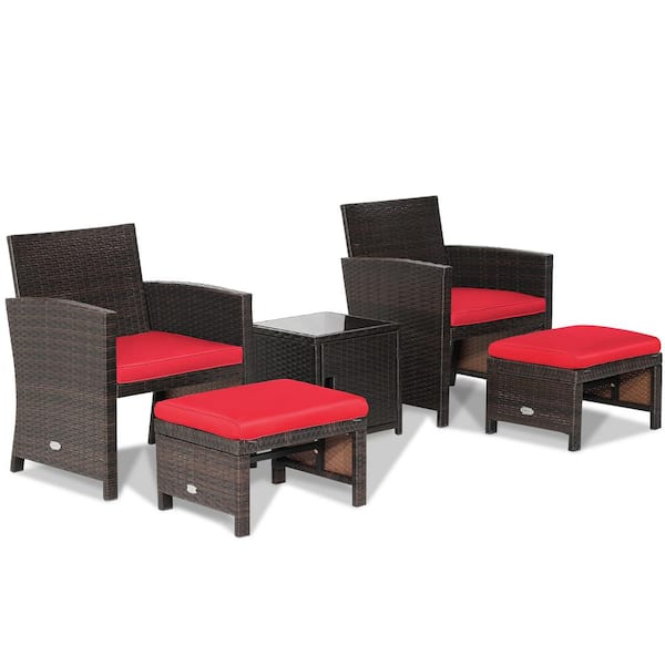 Costway 5-Piece Patio Rattan Furniture Set Chair Ottoman Cushioned with Cover Space Saving Red