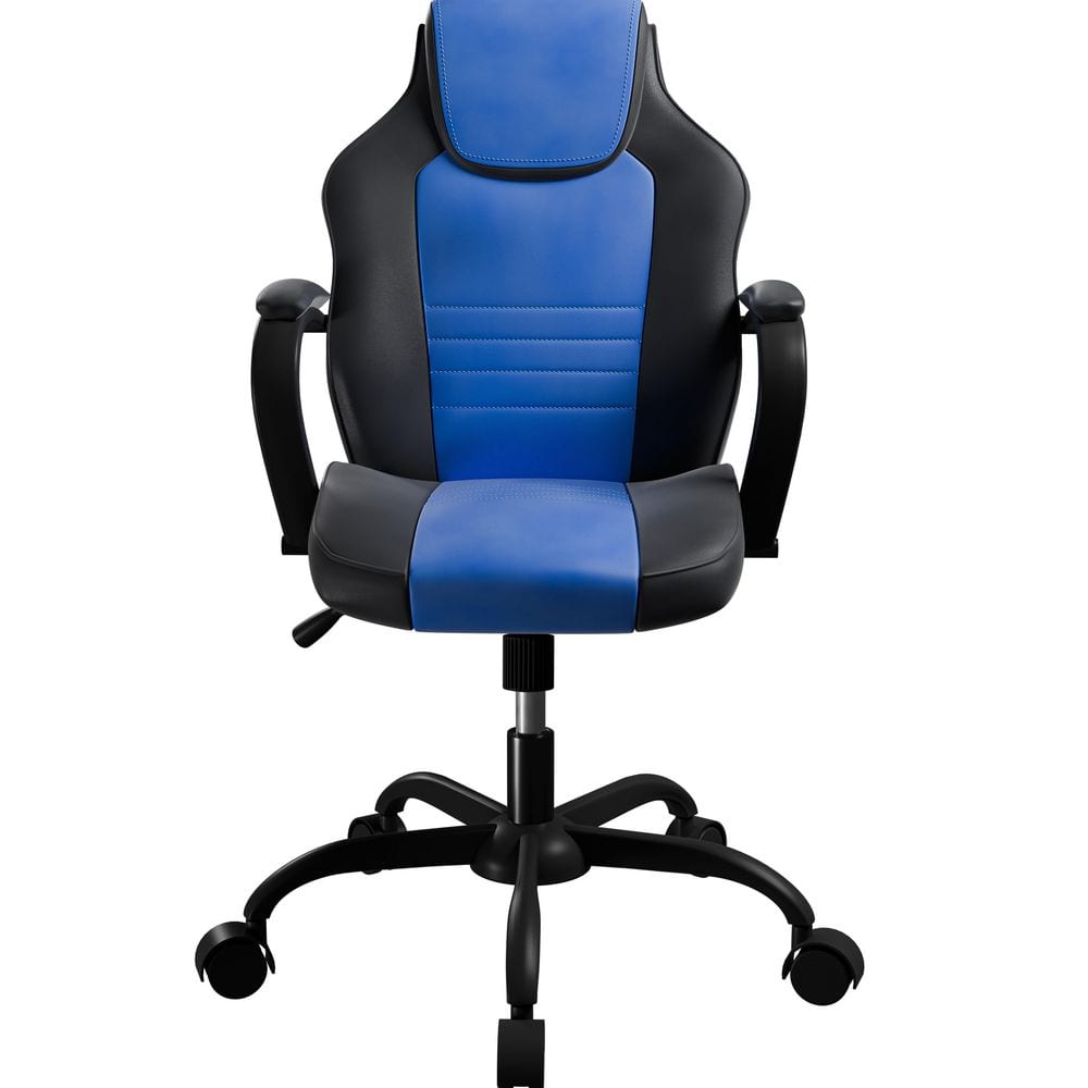 Faux Leather Adjustable Height Swivel Caster Ergonomic Office Chair in Black + Blue with Nonadjustable Arms