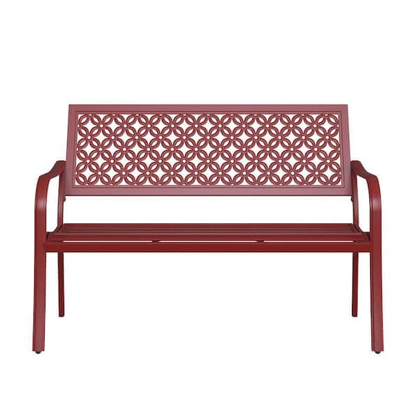 Outdoor Garden Bench with Anti-Rust Metal Powder Coated Frame, Patio Bench for Front Porch Park, Red