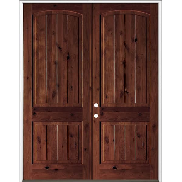 72 in. x 96 in. Rustic Knotty Alder Arch VG Right-Hand/Inswing BEHR Red Mahogany Stain Double Wood Prehung Front Door
