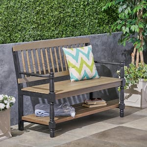 Corinne 2-Person Gray and Black Wood Outdoor Patio Bench with Shelf