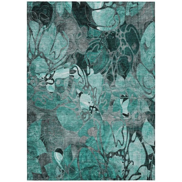 Teal Blue, Black, Gray 5 ft. x 8 ft. Woven Abstract Polyester Rectangle Indoor / Outdoor Area Rug