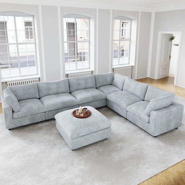 Magic Home 157.4 in. Oversized Square Arm Plush Soft Velvet L-Shaped Sectional Sofa 6-Seater with Ottoman, Washable Covers in. Gray