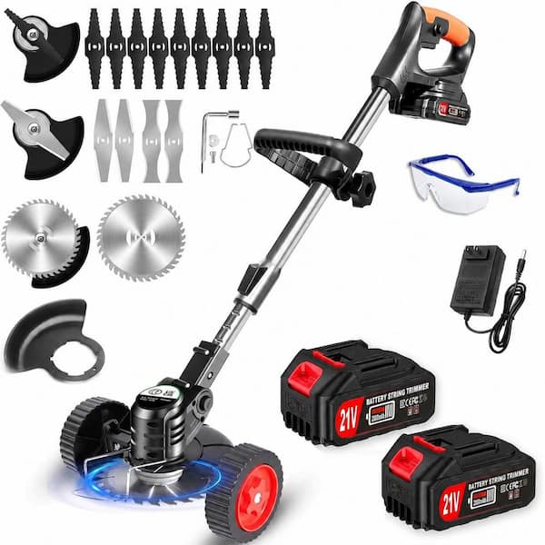 6 in. Cordless Grass Shears Electric Weed Trimmer with 4 Blade Types, Wheels, Adjustable Height, Edger, Lightweight