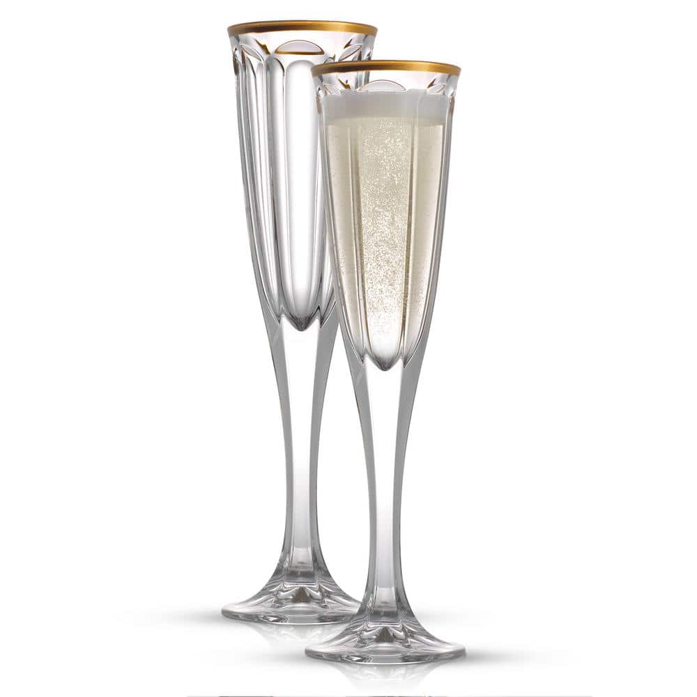 NEW SET OF 2 GOLD RIM,SPARKLING CRYSTALS+CLEAR CHAMPAGNE,FLUTE+STEM GLASS 
