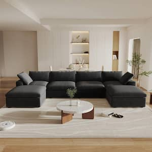 157 in. Square Arm 6-Piece Linen U-shaped Sectional Sofa Cloud Couch in Black with Storage Ottomans