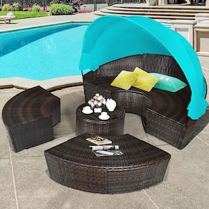 Patio Wicker Outdoor Day Bed with Turquoise Cushions Adjustable Table Top Canopy