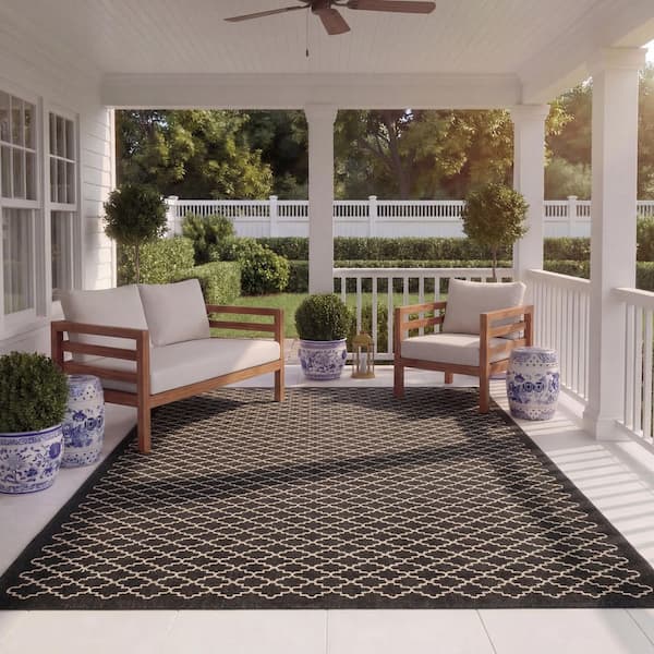 Courtyard Black/Beige 8 ft. x 11 ft. Geometric Indoor/Outdoor Patio  Area Rug