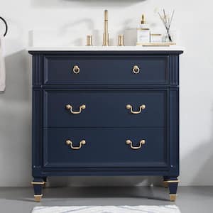 36 in. W x 22 in. D Solid Wood Single Sink Bath Vanity in Navy Blue with Carrara White Quartz Top, Soft-Close Drawers