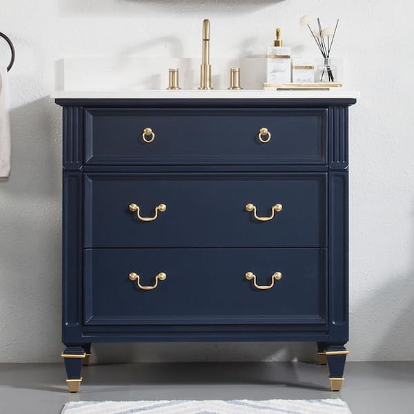 ANGELES HOME 36 in. W x 22 in. D Solid Wood Single Sink Bath Vanity in Navy Blue with Carrara White Quartz Top, Soft-Close Drawers