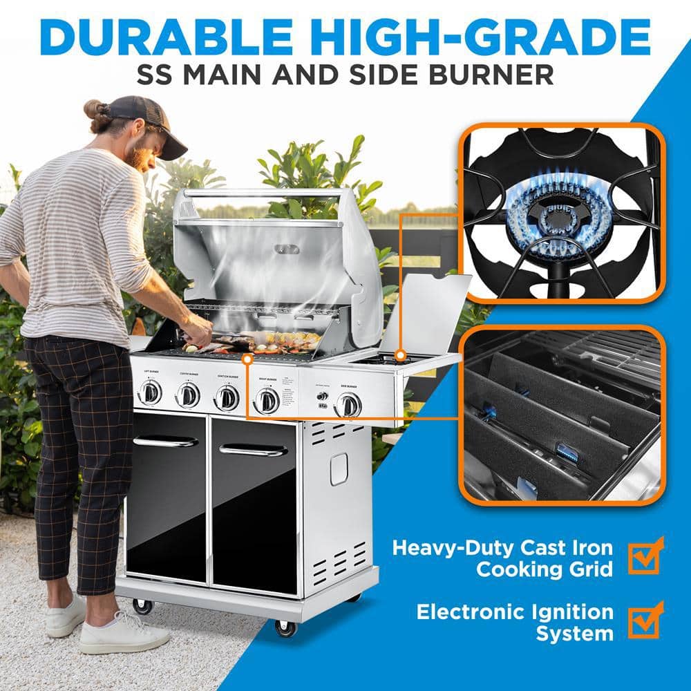 NutriChef Stainless Steel 5-Burner Propane Gas Grill with Side Burner