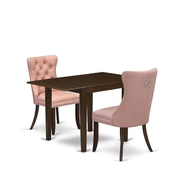 East West Furniture 3-Piece Mahogany Finish Rectangular Solid Wood Top with Dropleaf Dining Table Set