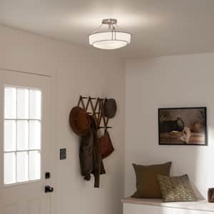 Alkire 16.5 in. 3-Light Brushed Nickel Hallway Transitional Semi-Flush Mount Ceiling Light with Frosted Glass