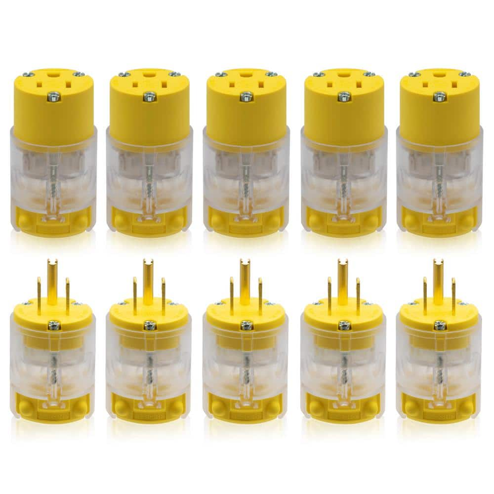 ELEGRP Lighted Straight Blade Plug and Connector Set, 15 Amp 125-Volt NEMA 5-15P/5-15R 2 Pole 3 Wire Grounding, Yellow (5-Set)