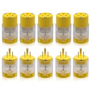 Lighted Straight Blade Plug and Connector Set, 15 Amp 125-Volt NEMA 5-15P/5-15R 2 Pole 3 Wire Grounding, Yellow (5-Set)