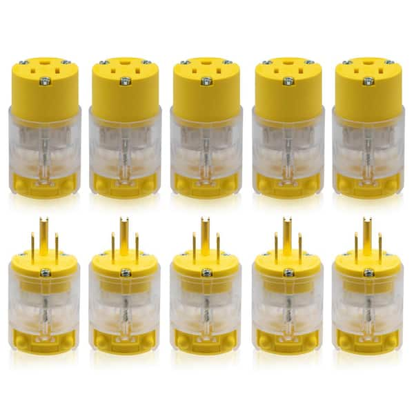 ELEGRP Lighted Straight Blade Plug and Connector Set, 15 Amp 125-Volt NEMA 5-15P/5-15R 2 Pole 3 Wire Grounding, Yellow (5-Set)