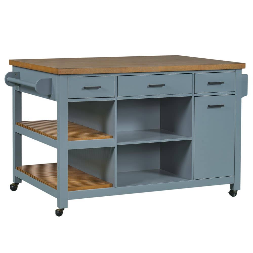 Blue Gray and Warm Brown Rubber Wood Top Kitchen Cart with Storage Drawers, Open Shelves and Towel Bar