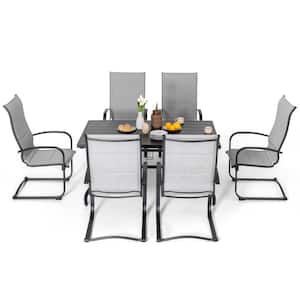 Gray 7-Piece Textilene and Iron Metal Rectangular Table with 1.57 in. Outdoor Dining Set, 6-Chairs and Umbrella Hole