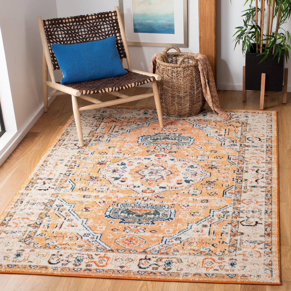 Ivory and Orange Square Synthetic Flat Woven Area Rug