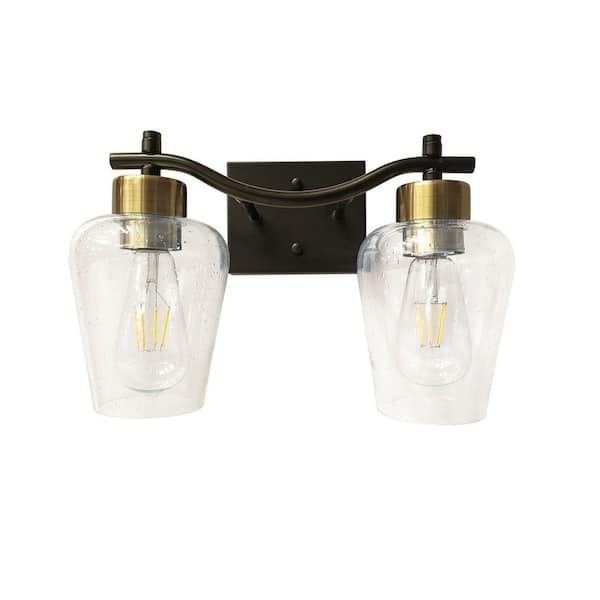 9.06 in. 2-Light Bathroom Light Fixtures Black Modern Vanity Lights with Clear Glass Shade