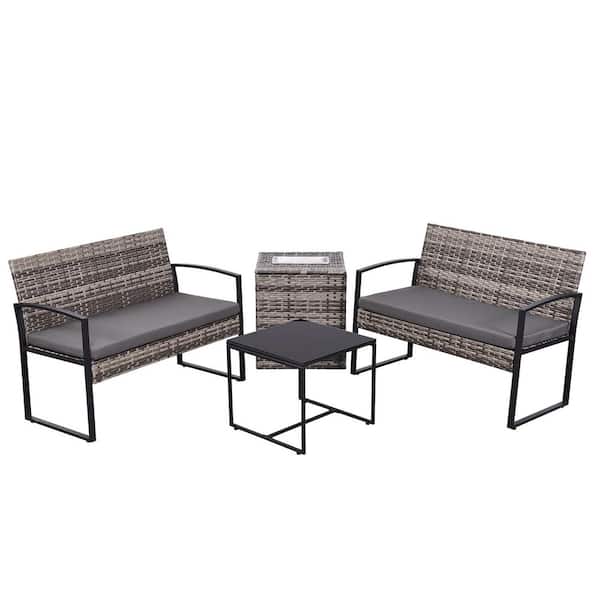Unbranded 4-Piece Gray Rattan Wicker Outdoor Loveseat with Gray Cushions, Multifunctionl Ice Deck Storage Box