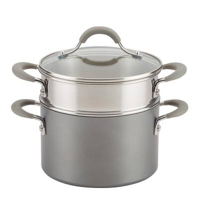3 Qt. Oyster Gray Elementum Hard-Anodized Nonstick Covered Multipot with Steamer Insert