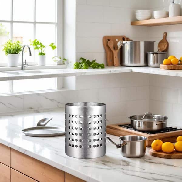 Silver Stainless Steel Utensil Holder with Open Air Drying Feature for Kitchen Countertop, 1 Piece
