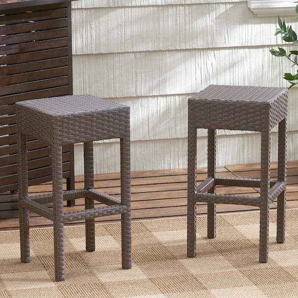 Dark Brown All-Weather Wicker Backless Outdoor Bar Stools (2-Pack)